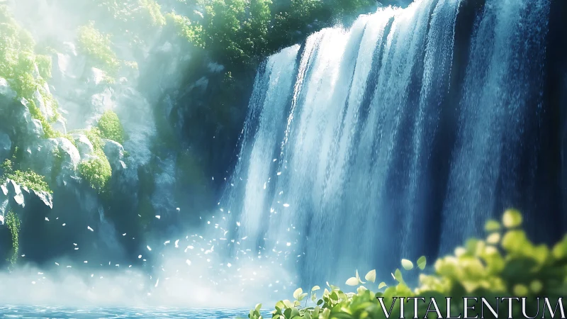 Wide cascade descends over rock face into misted basin