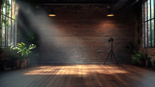 Sunlit brick studio corner with plants and quiet charm.