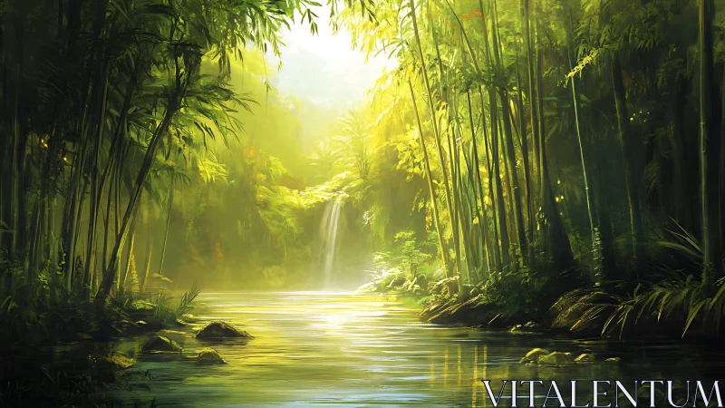 Waterfall through bamboo forest with golden light filtering through canopy