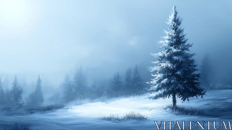 Digital painting of solitary frosted fir in misty winter field.