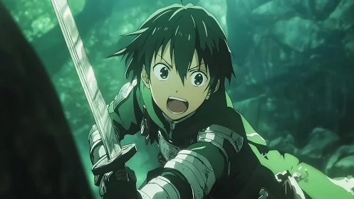 Young anime swordsman attacking in a green forest.