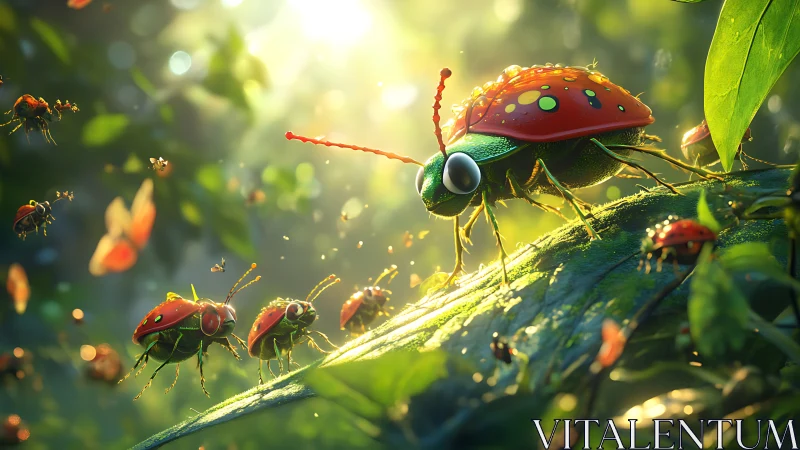 Curious ladybugs explore a glowing forest leaf together