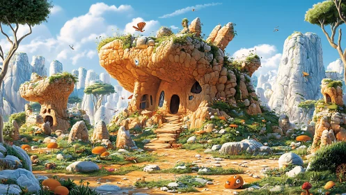 Whimsical stone village basks under a bright enchanted sky