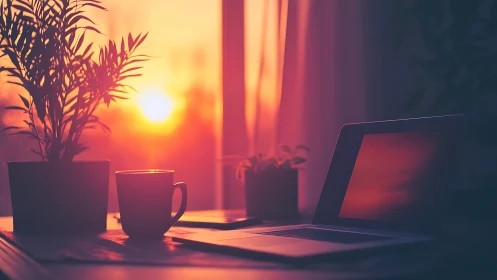 Cozy sunset desk with coffee, laptop, and calming plants.