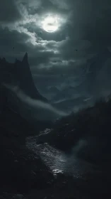 Moonlit mountain valley wrapped in mist and quiet mystery.