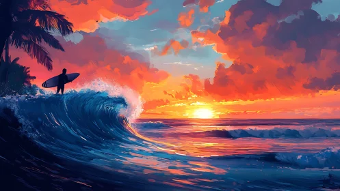 Vibrant seascape sunset with silhouetted surfer on breaking wave