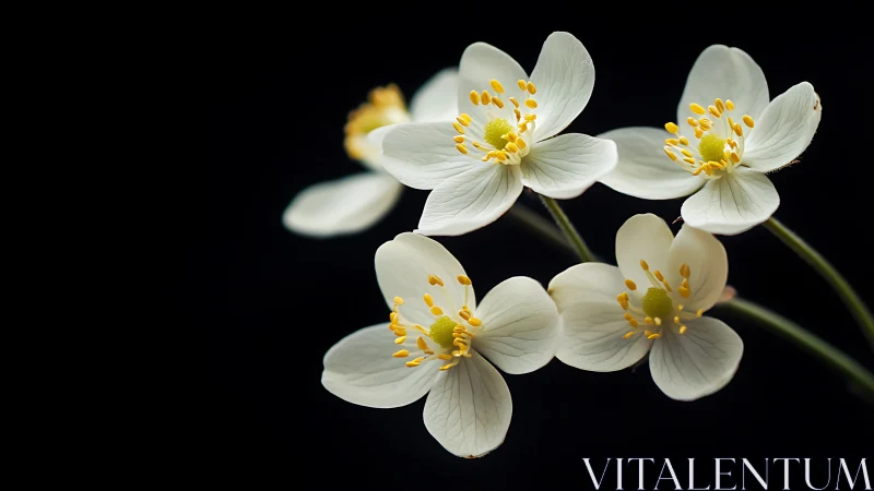 Delicate white anemone flowers with golden stamens bloom against darkness.