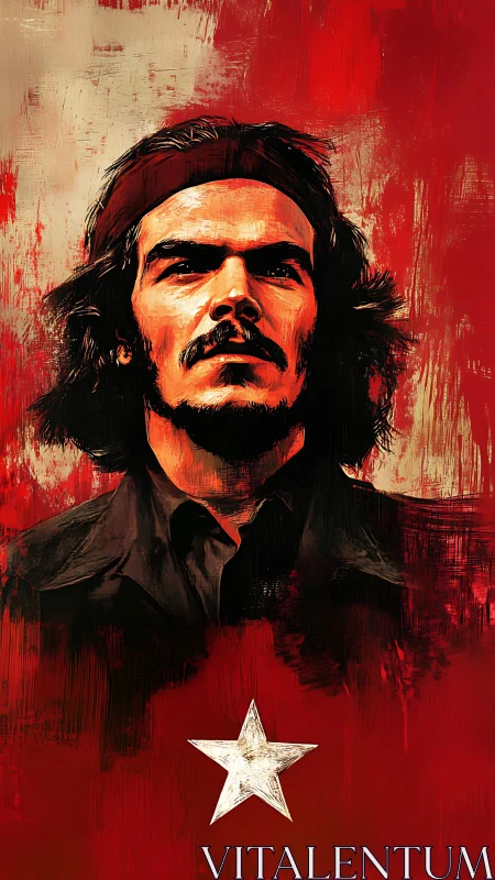 Expressive red portrait of defiant long-haired figure with star