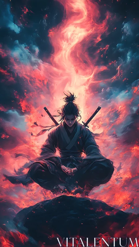 Digital painting of a meditating samurai in ascendant fire vortex.