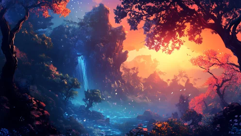 Luminous Fantasy Chasm with Cascading Waterfall and Sunrise Glow