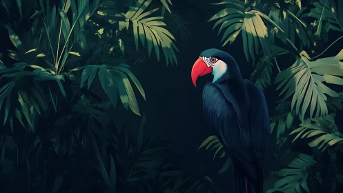 Midnight toucan keeps silent vigil in lush jungle shadows.