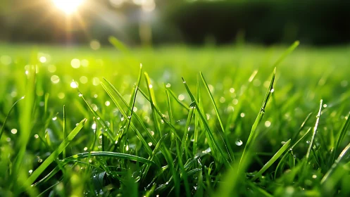Close view of wet grass blades in early sunlight field.