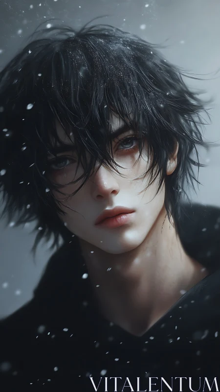 Melancholic dark haired youth stands in softly falling snow