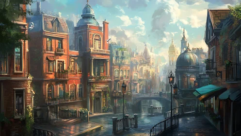Sunlit canal cityscape with neo‑classical brick architecture.