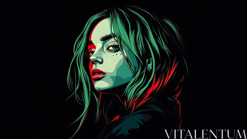 Neon-lit female portrait cuts through deep black background