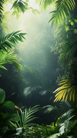 Misty Tropical Rainforest Canopy: Layered Vegetation Composition.