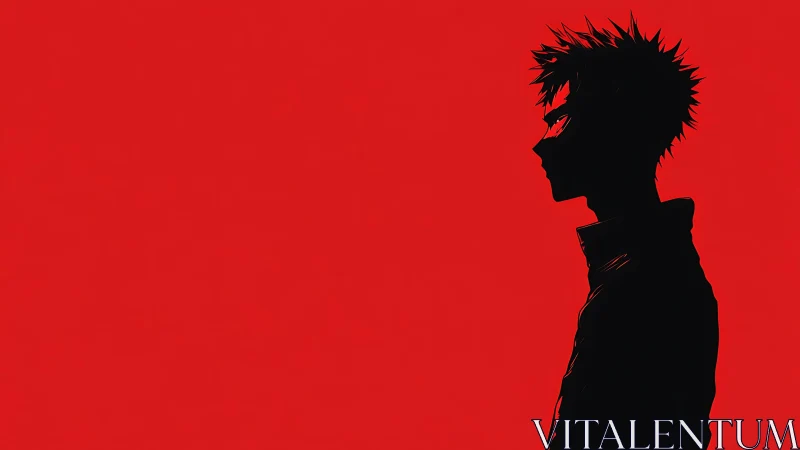 Crimson void silhouette of spiky haired loner in profile.