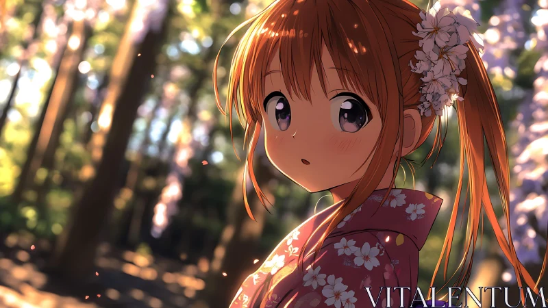 Anime girl in floral kimono under soft forest light.