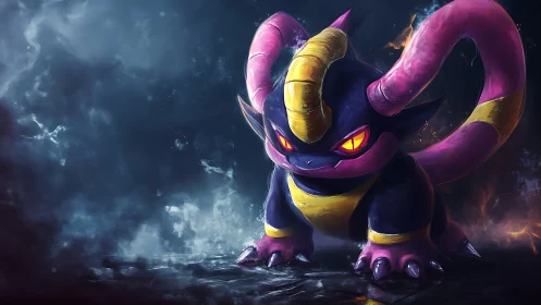Horned purple creature with glowing eyes on misty ground.