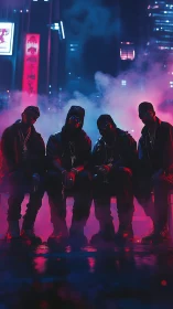 Four hooded figures sit in neon city fog at night