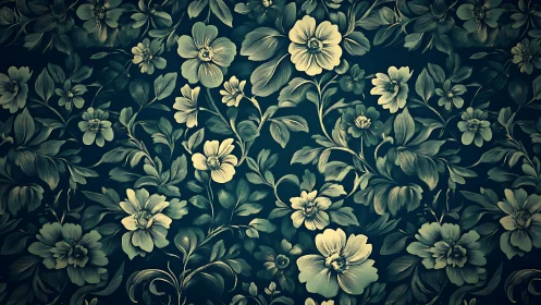 Dense teal floral pattern with vintage botanical blooms.