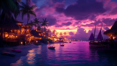 Tropical waterfront village against vivid purple sunset sky.