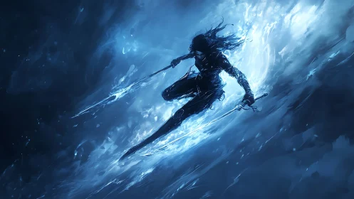 Stormlit blade dancer carves frozen lightning across night