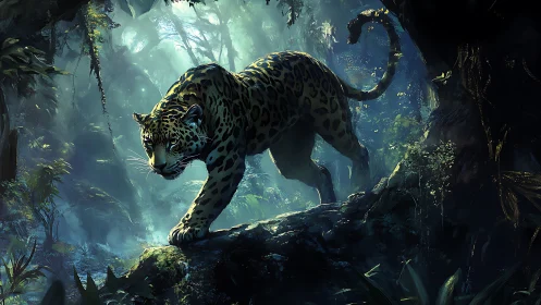 Leopard stalks through misty jungle with ancient ruins