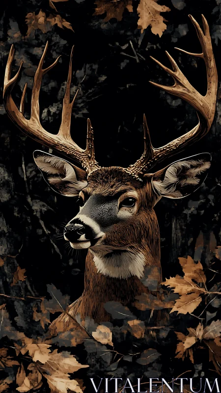 Whitetail buck portrait in autumn foliage, detailed artwork.