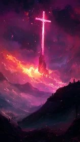 Vertical landscape depicts crystalline cross over lit valley