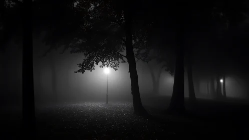 Single lamppost illuminates dense fog in dark forest