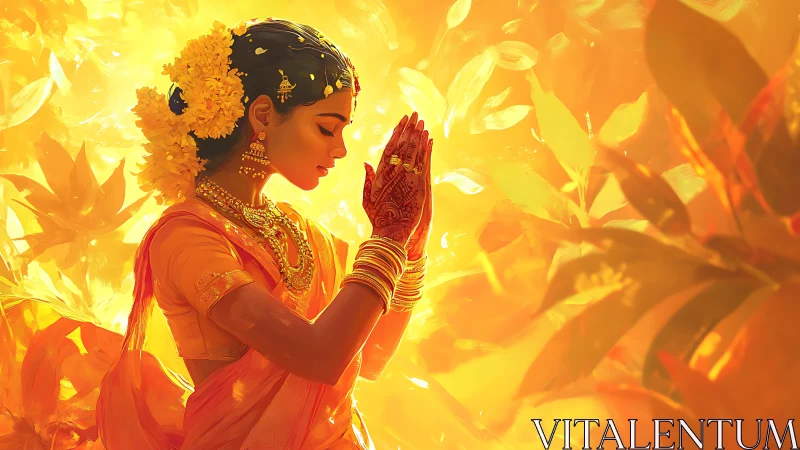 Devotional Indian woman bathed in radiant golden light.