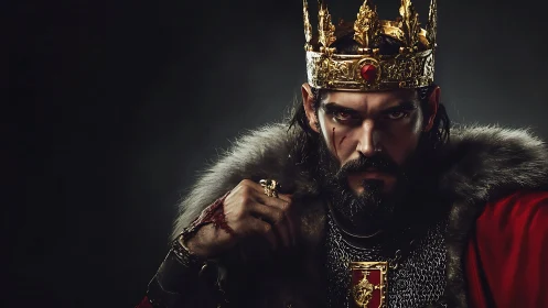 Brooding war-scarred king in jeweled crown and furs.