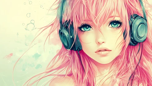 Anime style portrait of pink haired girl with headphones.