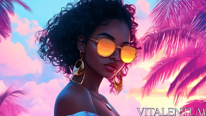 Neon sunset portrait with reflective sunglasses and tropical bokeh