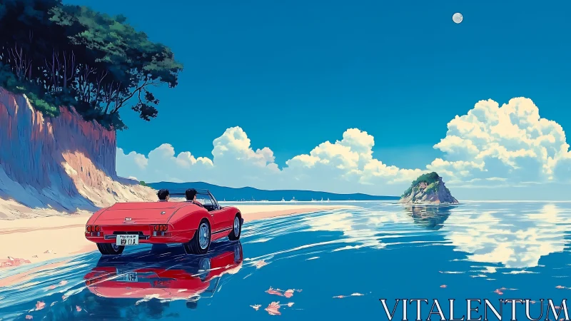 Red convertible on reflective tidal flats under hyper-clear sky