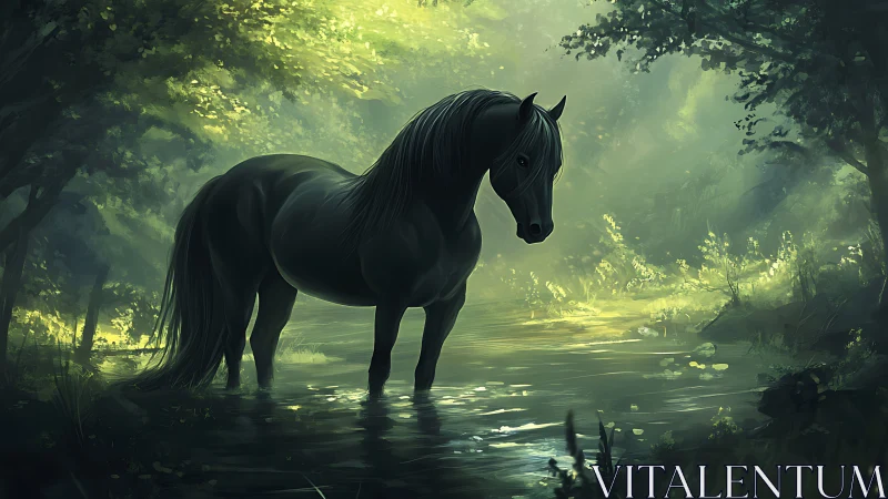 Shadowlit forest stallion pauses where sunlight drinks mist