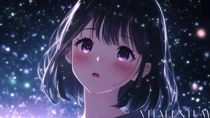 Starlit anime portrait with glossy bokeh and violet reflections