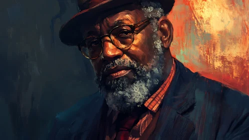 Portrait shows older man in hat and glasses lit by warm light