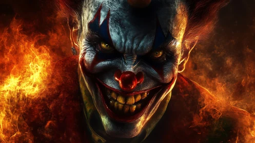 Grotesque clown portrait is framed by surrounding flames