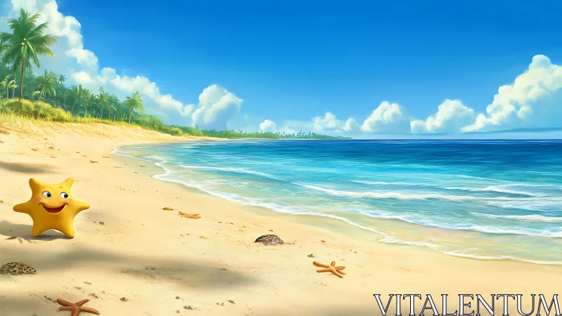 Cartoon star character on tropical shoreline under sky.