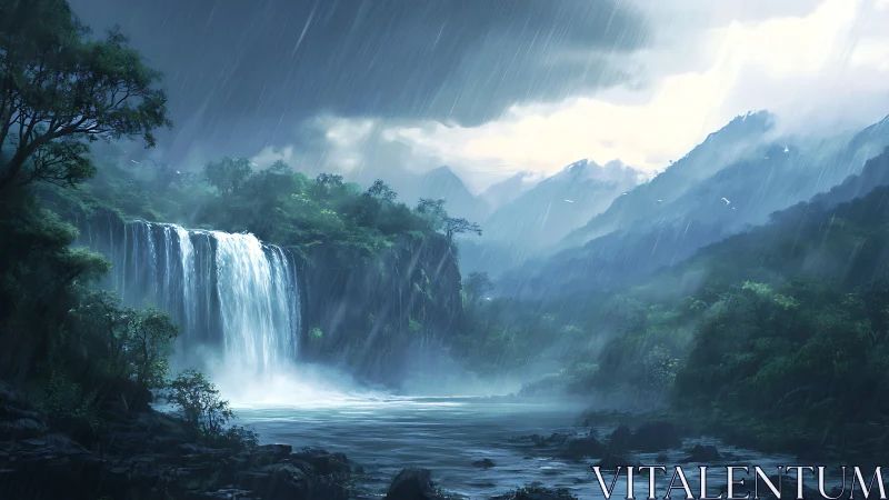 Rain-soaked waterfall valley under diffused atmospheric lighting