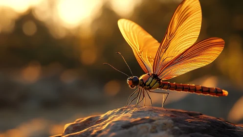 Golden dragonfly macro study in warm sunset rim lighting.