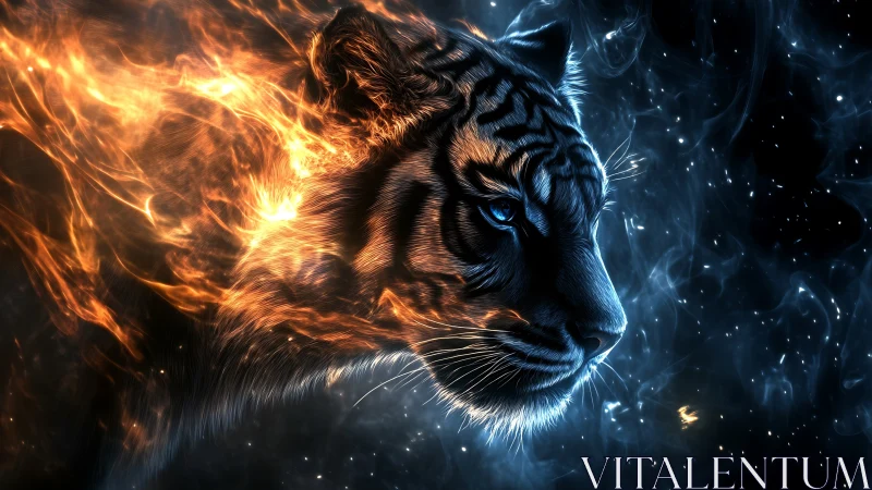 Digital painting of a cosmic fire tiger in bi-chromatic contrast.