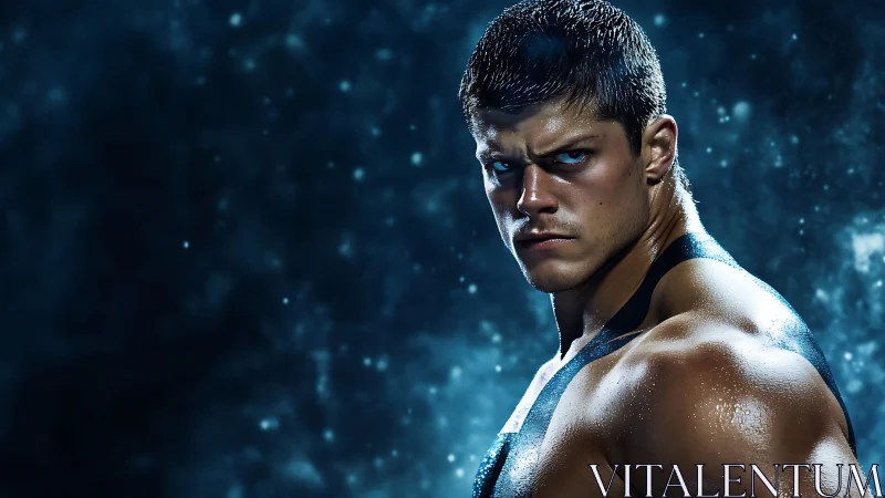 Intense athlete portrait amid deep blue cinematic haze.