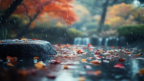 Wet stone and fallen leaves in shallow water during rainfall
