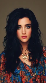 Warm portrait of dark haired woman in colorful boho dress.