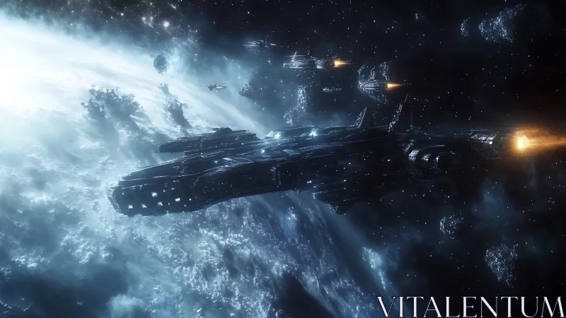 Armored starship fleet cuts through a luminous icy nebula