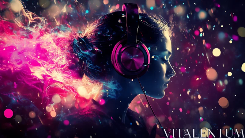 Side-profile listener dissolves into neon audio particles