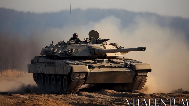 Main battle tank advancing through dusty training range terrain